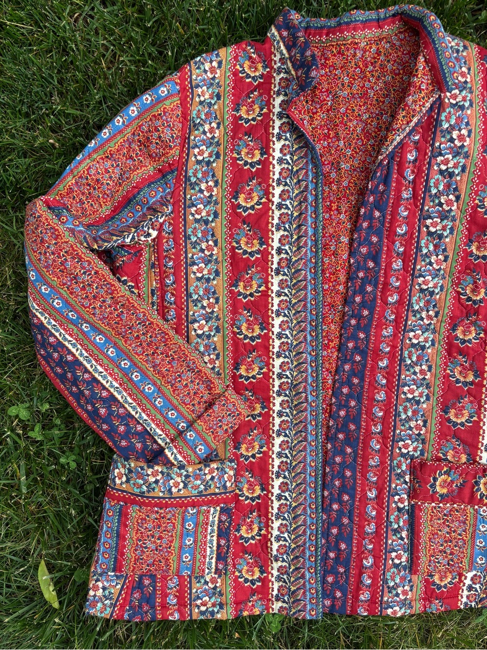 Red and Navy Floral Patchwork Quilted Jacket